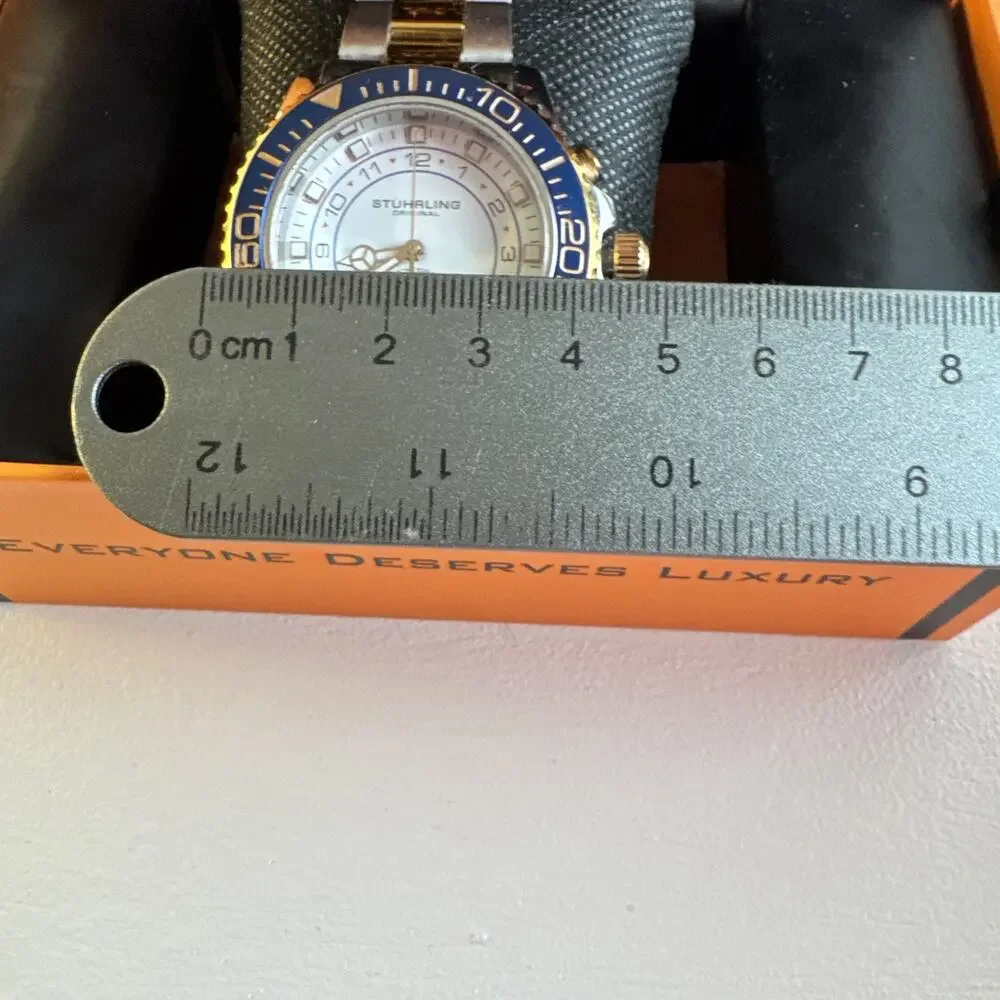 (8014)Stührling Original Men's Quartz Sport Watch SS Bracelet Blue Bezel Box